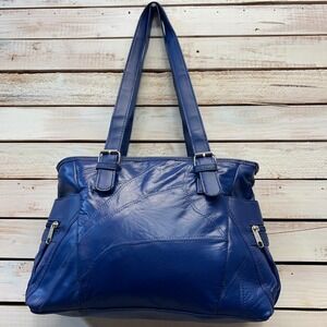 Y2K Blue Leather Shoulder Bag Hobo Slouch Tote Boho Vintage Purse
